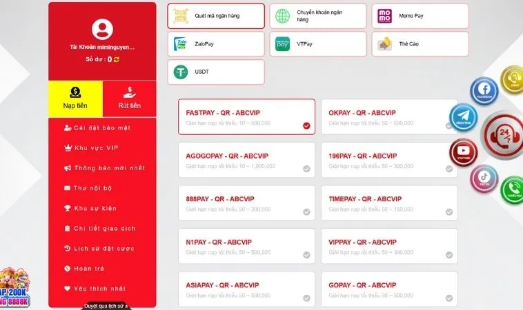 Các phương thức hỗ trợ nạp tiền JJ88